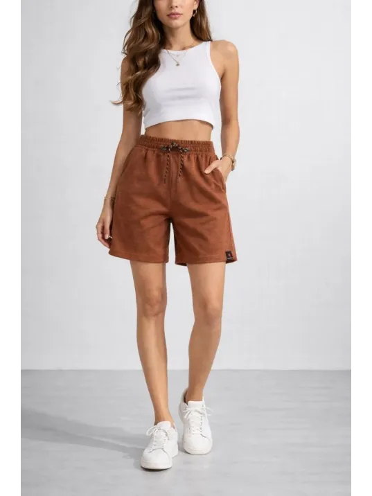 Kadın Dokuma Otoban Şort Beli Lastikli Bağcıklı, Cepli, Rahat Kesim Günlük Yazlık Şort - Kahverengi Kadın Dokuma Otoban Şort Beli Lastikli Bağcıklı, Cepli, Rahat Kesim Günlük Yazlık Şort - Kahverengi