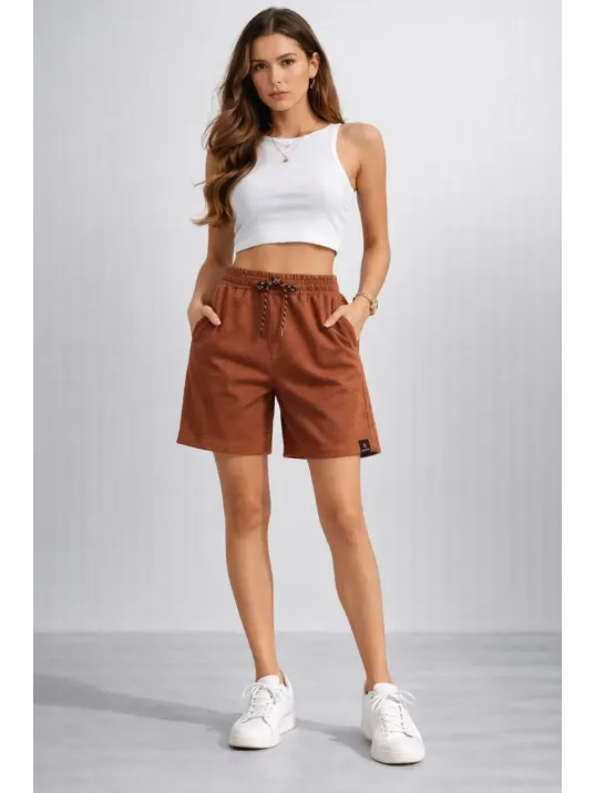 Kadın Dokuma Otoban Şort Beli Lastikli Bağcıklı, Cepli, Rahat Kesim Günlük Yazlık Şort - Kahverengi Kadın Dokuma Otoban Şort Beli Lastikli Bağcıklı, Cepli, Rahat Kesim Günlük Yazlık Şort - Kahverengi