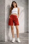 Kadın Dokuma Otoban Şort Beli Lastikli Bağcıklı, Cepli, Rahat Kesim Günlük Yazlık Şort - Turuncu