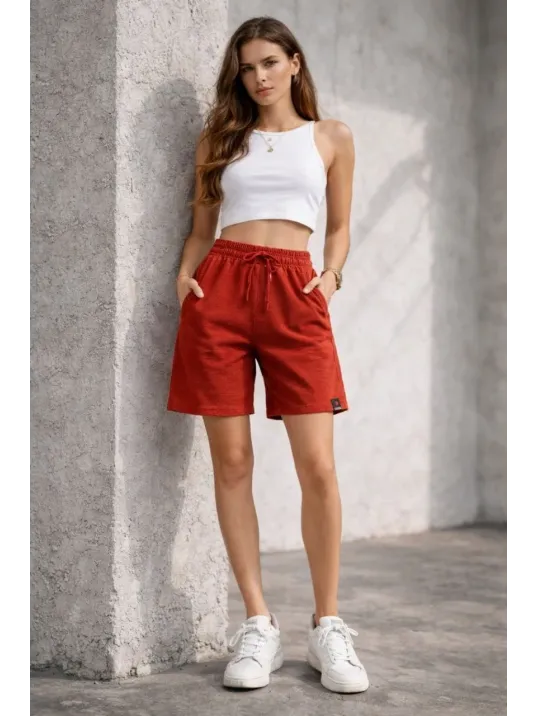 Kadın Dokuma Otoban Şort Beli Lastikli Bağcıklı, Cepli, Rahat Kesim Günlük Yazlık Şort - Turuncu