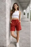 Kadın Dokuma Otoban Şort Beli Lastikli Bağcıklı, Cepli, Rahat Kesim Günlük Yazlık Şort - Turuncu
