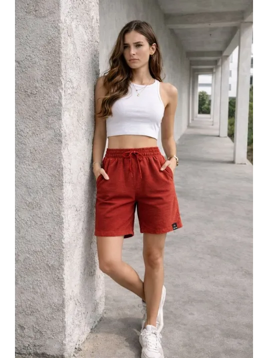 Kadın Dokuma Otoban Şort Beli Lastikli Bağcıklı, Cepli, Rahat Kesim Günlük Yazlık Şort - Turuncu