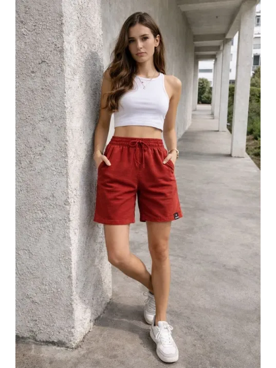 Kadın Dokuma Otoban Şort Beli Lastikli Bağcıklı, Cepli, Rahat Kesim Günlük Yazlık Şort - Turuncu