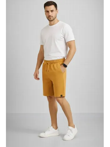 Erkek Otoban Dokuma Şort Beli Lastikli Bağcıklı, Cepli, Rahat Kesim Günlük Yazlık Şort - Hardal