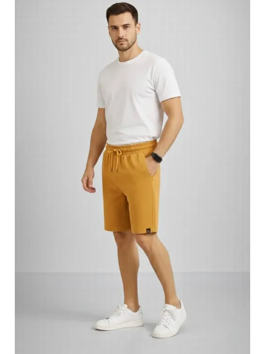 Erkek Otoban Dokuma Şort Beli Lastikli Bağcıklı, Cepli, Rahat Kesim Günlük Yazlık Şort - Hardal