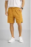 Erkek Otoban Dokuma Şort Beli Lastikli Bağcıklı, Cepli, Rahat Kesim Günlük Yazlık Şort - Hardal