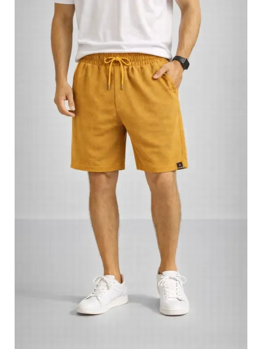 Erkek Otoban Dokuma Şort Beli Lastikli Bağcıklı, Cepli, Rahat Kesim Günlük Yazlık Şort - Hardal