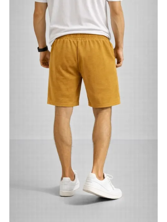 Erkek Otoban Dokuma Şort Beli Lastikli Bağcıklı, Cepli, Rahat Kesim Günlük Yazlık Şort - Hardal