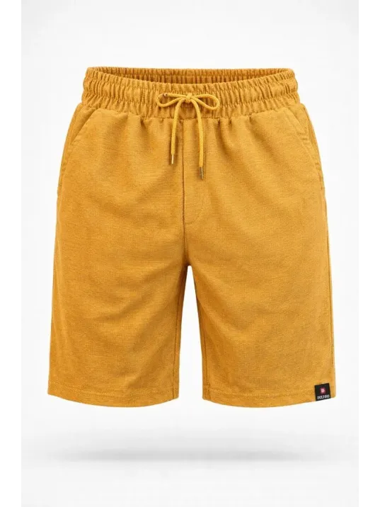 Erkek Otoban Dokuma Şort Beli Lastikli Bağcıklı, Cepli, Rahat Kesim Günlük Yazlık Şort - Hardal