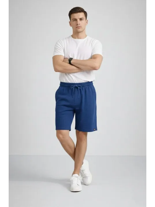 Erkek Otoban Dokuma Şort Beli Lastikli Bağcıklı, Cepli, Rahat Kesim Günlük Yazlık Şort - İndigo