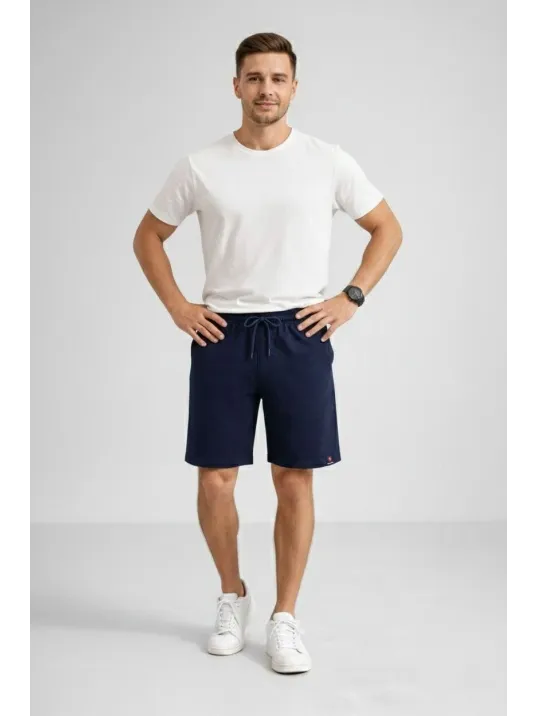 Erkek Otoban Dokuma Şort Beli Lastikli Bağcıklı, Cepli, Rahat Kesim Günlük Yazlık Şort - Lacivert