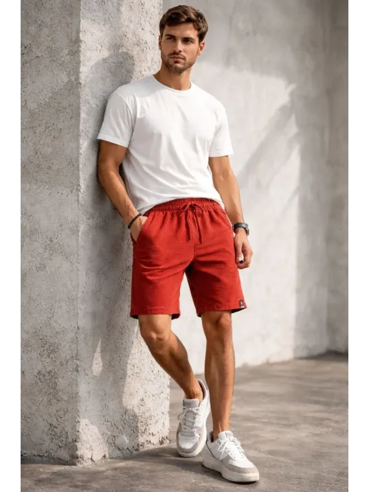 Erkek Otoban Dokuma Şort Beli Lastikli Bağcıklı, Cepli, Rahat Kesim Günlük Yazlık Şort - Turuncu