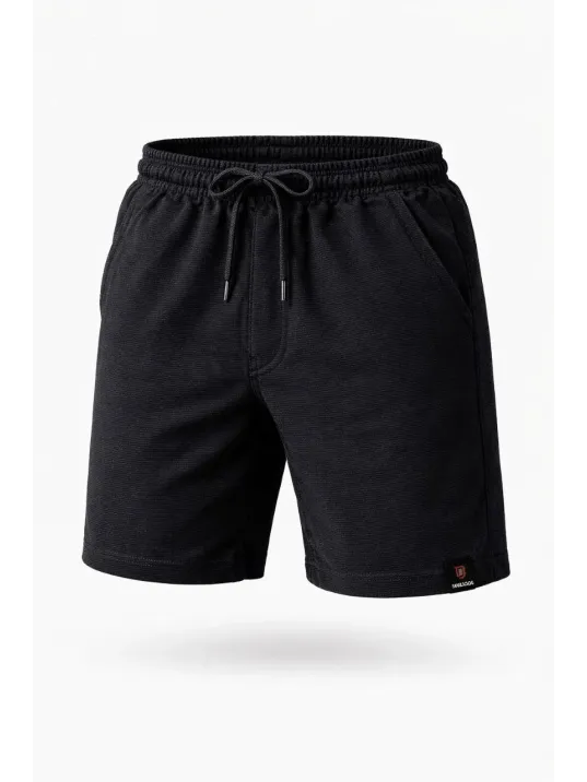 Erkek Otoban Dokuma Şort Beli Lastikli Bağcıklı, Cepli, Rahat Kesim Günlük Yazlık Şort - Siyah