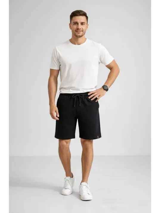 Erkek Otoban Dokuma Şort Beli Lastikli Bağcıklı, Cepli, Rahat Kesim Günlük Yazlık Şort - Siyah