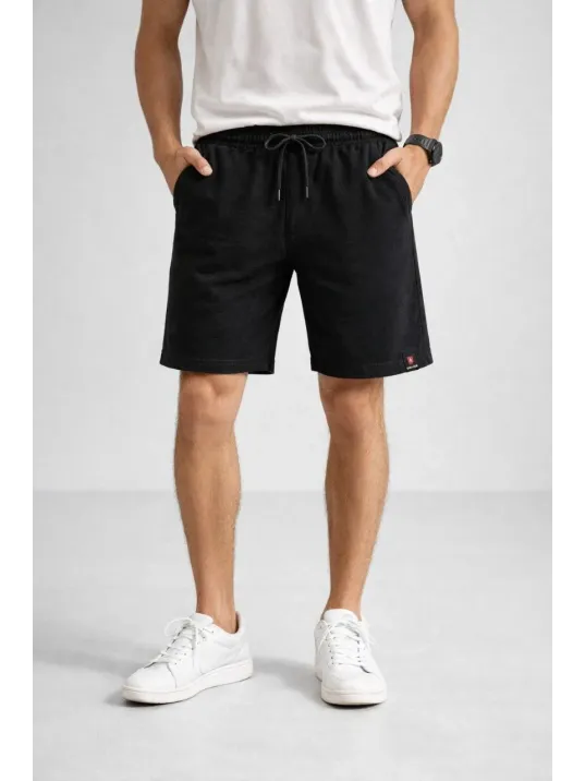 Erkek Otoban Dokuma Şort Beli Lastikli Bağcıklı, Cepli, Rahat Kesim Günlük Yazlık Şort - Siyah