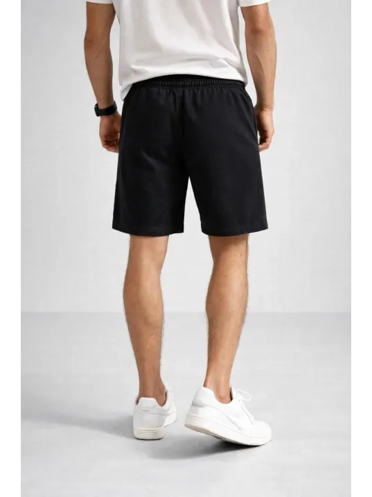 Erkek Otoban Dokuma Şort Beli Lastikli Bağcıklı, Cepli, Rahat Kesim Günlük Yazlık Şort - Siyah