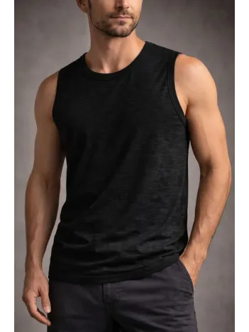 Erkek Flamlı Kumaş Sıfır Kolsuz Atlet Basic Spor Üst, Günlük Ve Fitness Kullanımına Uygun - Siyah