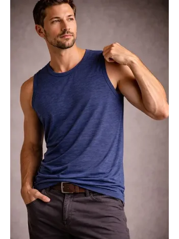 Erkek Flamlı Kumaş Sıfır Kolsuz Atlet Basic Spor Üst, Günlük Ve Fitness Kullanımına Uygun - İndigo