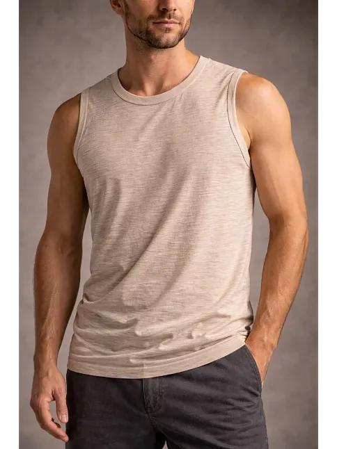 Erkek Flamlı Kumaş Kolsuz Atlet Günlük Fitness Spor T-shirt - Taş