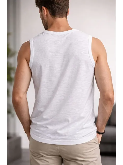 Erkek Flamlı Kumaş Kolsuz Atlet Günlük Fitness Spor T-shirt - Beyaz
