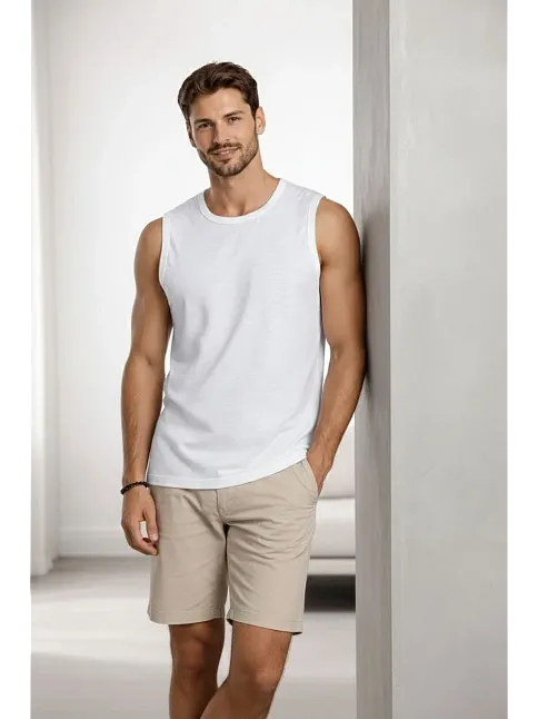Erkek Flamlı Kumaş Kolsuz Atlet Günlük Fitness Spor T-shirt - Beyaz