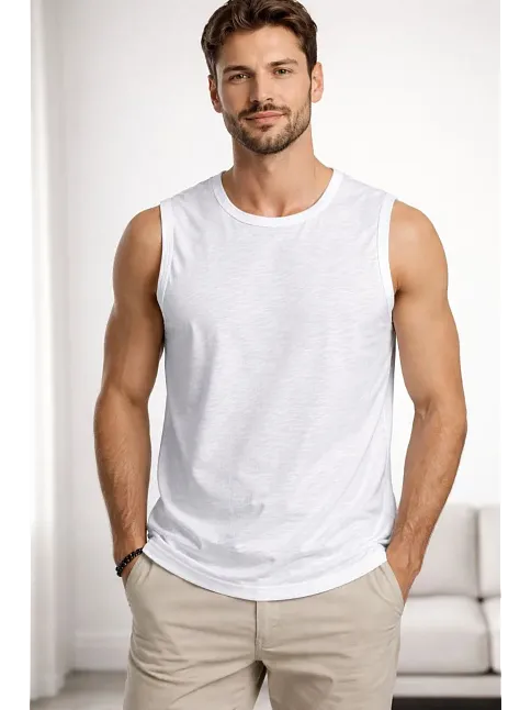Erkek Flamlı Kumaş Kolsuz Atlet Günlük Fitness Spor T-shirt - Beyaz