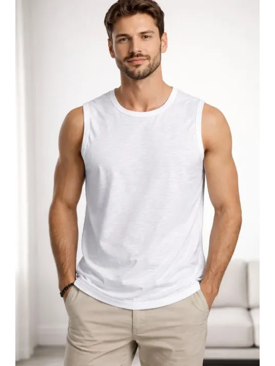 Erkek Flamlı Kumaş Sıfır Kolsuz Atlet Basic Spor Üst, Günlük Ve Fitness Kullanımına Uygun - Beyaz Erkek Flamlı Kumaş Sıfır Kolsuz Atlet Basic Spor Üst, Günlük Ve Fitness Kullanımına Uygun - Beyaz