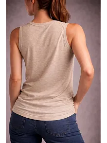 Kadın Flamlı Kumaş Kolsuz Atlet Günlük Fitness Spor T-shirt - Taş