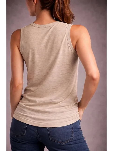 Kadın Flamlı Kumaş Kolsuz Atlet Günlük Fitness Spor T-shirt - Taş
