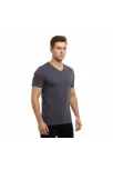 Erkek T-shirt V Yaka Slim Fit Dar Kesim Likralı Tişört Günlük Basic Body - Füme