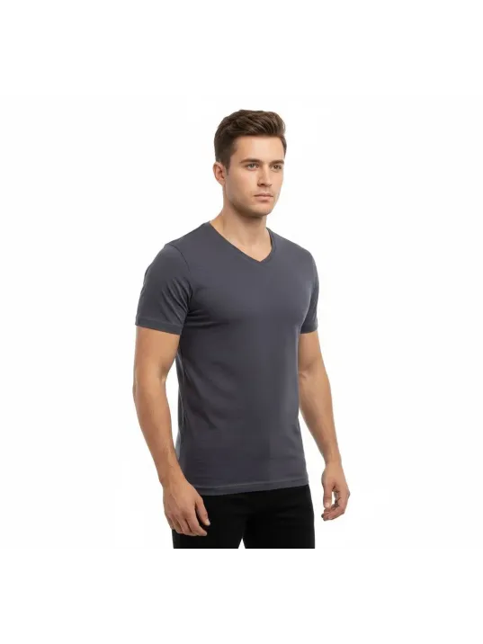 Erkek T-shirt V Yaka Slim Fit Dar Kesim Likralı Tişört Günlük Basic Body - Füme