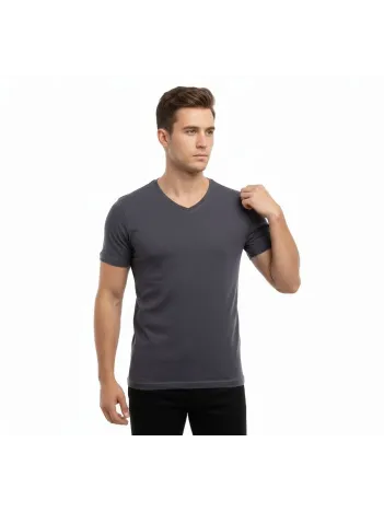Erkek T-shirt V Yaka Slim Fit Dar Kesim Likralı Tişört Günlük Basic Body - Füme Erkek T-shirt V Yaka Slim Fit Dar Kesim Likralı Tişört Günlük Basic Body - Füme