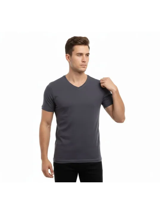 Erkek T-shirt V Yaka Slim Fit Dar Kesim Likralı Tişört Günlük Basic Body - Füme