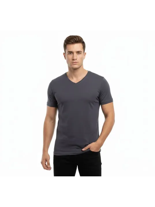 Erkek T-shirt V Yaka Slim Fit Dar Kesim Likralı Tişört Günlük Basic Body - Füme