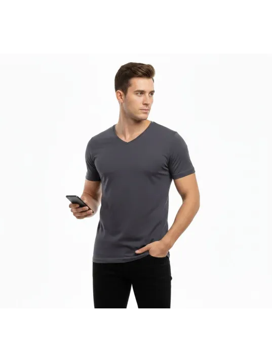 Erkek T-shirt V Yaka Slim Fit Dar Kesim Likralı Tişört Günlük Basic Body - Füme