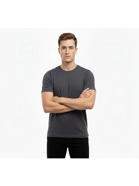 Erkek T-shirt Bisiklet Yaka Slim Fit Dar Kesim Likralı Tişört Günlük Basic Body - Füme