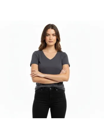 Kadın T-shirt V Yaka Slim Fit Likralı Tişört Günlük Basic Body - Füme Kadın T-shirt V Yaka Slim Fit Likralı Tişört Günlük Basic Body - Füme