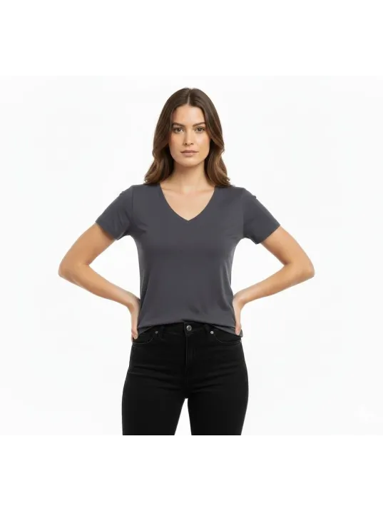 Kadın T-shirt V Yaka Slim Fit Likralı Tişört Günlük Basic Body - Füme