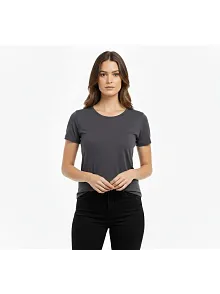 Kadın T-shirt Bisiklet Yaka Slim Fit Likralı Tişört Günlük Basic Body - Füme