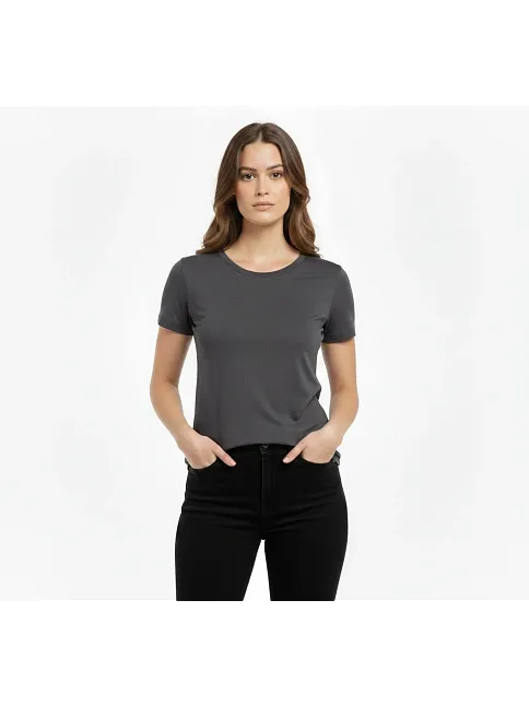 Kadın T-shirt Bisiklet Yaka Slim Fit Likralı Tişört Günlük Basic Body - Füme