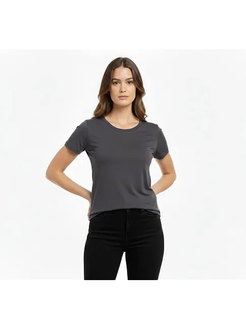 Kadın T-shirt Bisiklet Yaka Slim Fit Likralı Tişört Günlük Basic Body - Füme