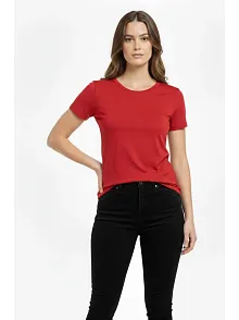 Kadın T-shirt Bisiklet Yaka Slim Fit Likralı Tişört Günlük Basic Body - Kırmızı