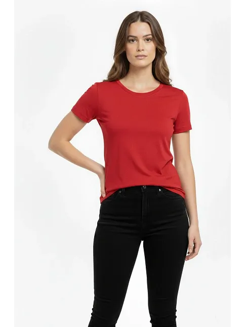 Kadın T-shirt Bisiklet Yaka Slim Fit Likralı Tişört Günlük Basic Body - Kırmızı