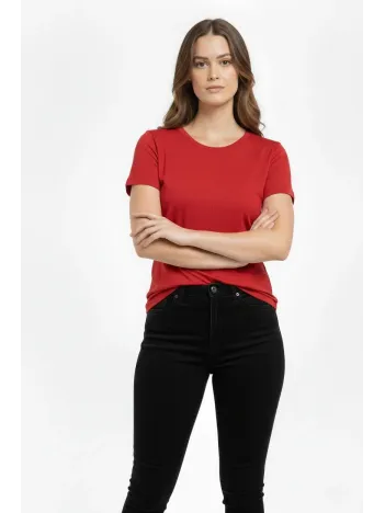 Kadın T-shirt Bisiklet Yaka Slim Fit Likralı Tişört Günlük Basic Body - Kırmızı