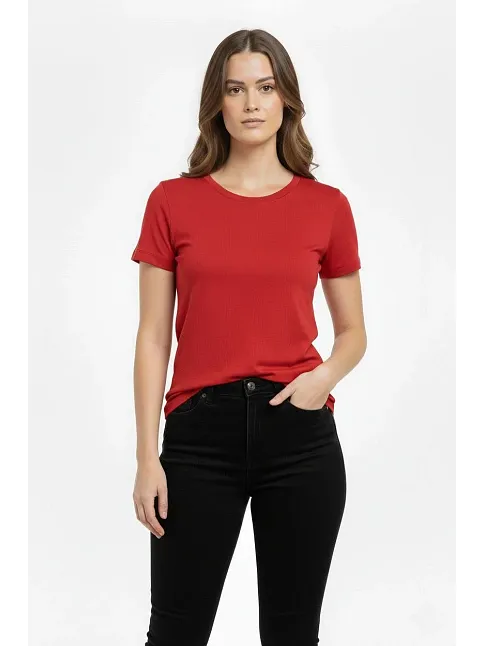 Kadın T-shirt Bisiklet Yaka Slim Fit Likralı Tişört Günlük Basic Body - Kırmızı