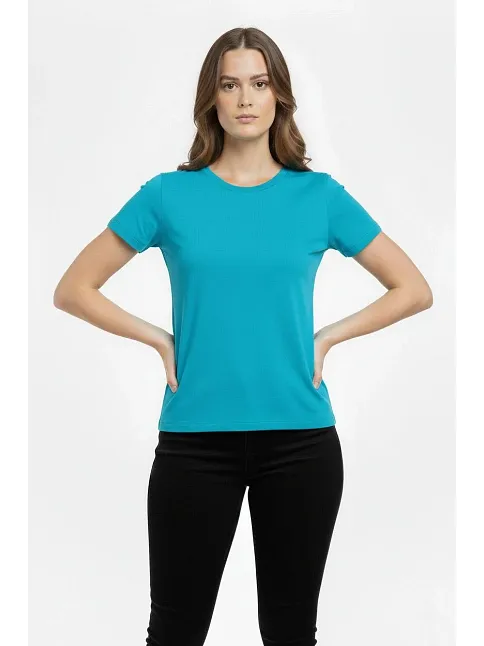 Kadın T-shirt Bisiklet Yaka Slim Fit Likralı Tişört Günlük Basic Body - Turkuvaz