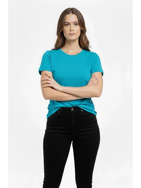 Kadın T-shirt Bisiklet Yaka Slim Fit Likralı Tişört Günlük Basic Body - Turkuvaz