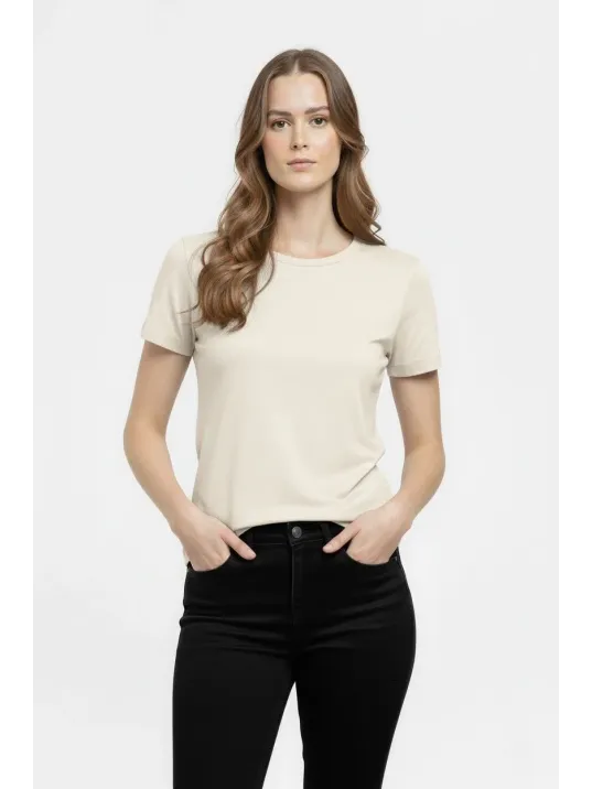 Kadın T-shirt Bisiklet Yaka Slim Fit Likralı Tişört Günlük Basic Body - Taş