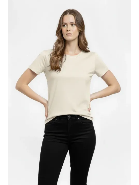 Kadın T-shirt Bisiklet Yaka Slim Fit Likralı Tişört Günlük Basic Body - Taş