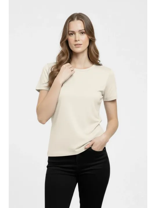 Kadın T-shirt Bisiklet Yaka Slim Fit Likralı Tişört Günlük Basic Body - Taş